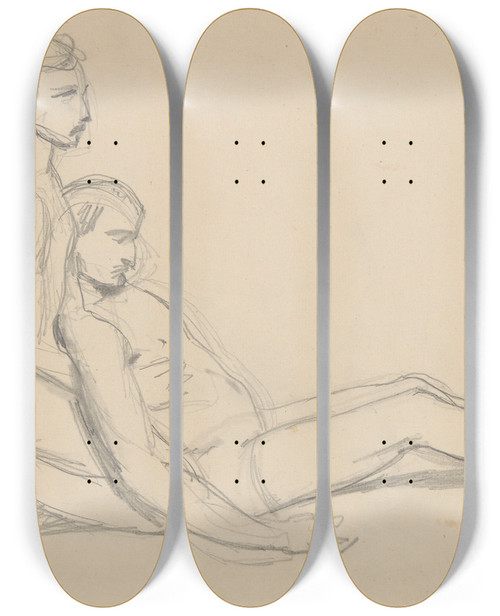 Triptych art skateboard deck of Jzef Simmler Sketch Of Nude Men To The Scene With Nicodemus And Joseph Of Arimathea Supporting The Dead Body Of Christ To The Painting Entombment by Jozef Simmler (1823-1868)