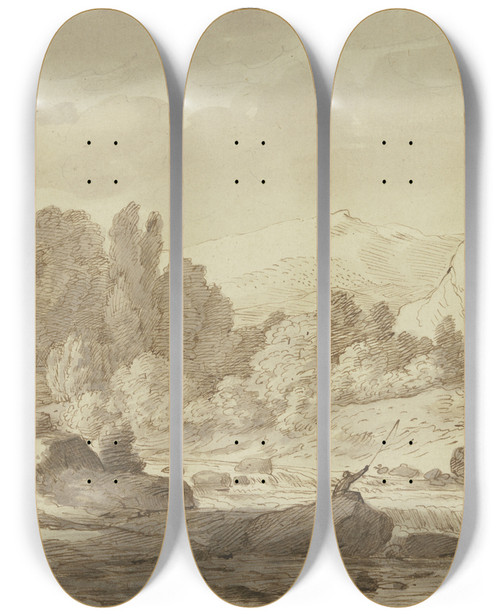 Triptych art skateboard deck of Jacob Esselens Gebirgslandschaft Mit Einem Waldbach An Welchem Ein Angler Sitzt by Jacob Esselens (1626-1687)