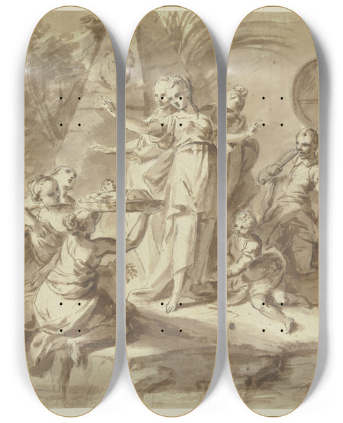 Triptych art skateboard deck of Sebastiano Ricci Finding Of The Moses Boy by Sebastiano Ricci (1659-1734)