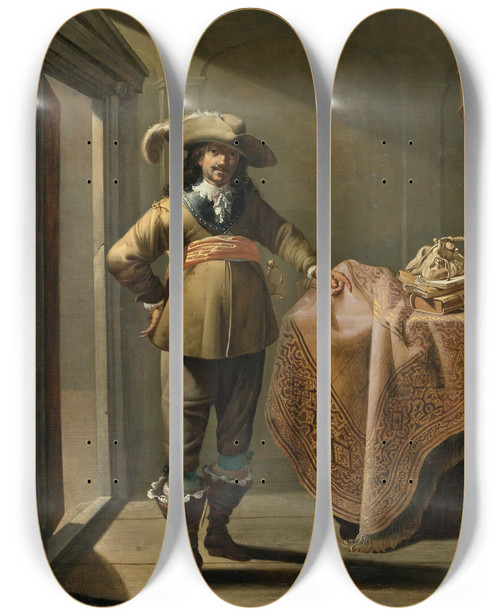 Triptych art skateboard deck of Jacob Duck Almsgiving In A Notarys Office by Jacob Duck (1600-1667)