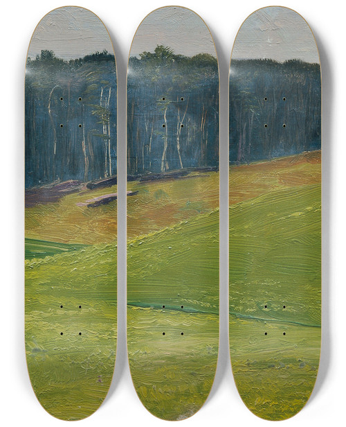 Triptych art skateboard deck of Otto Friedrich Hellgrne Wiese Gegen Dunkle Waldlisire by Otto Friedrich (1862-1937)