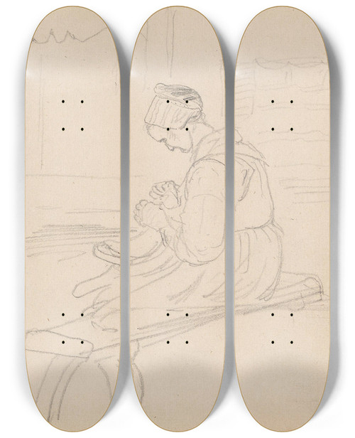 Triptych art skateboard deck of Adolph Tidemand Kvinnefigur Ved Bygning Kvinne Med Hndarbeid by Adolph Tidemand (1814-1876)