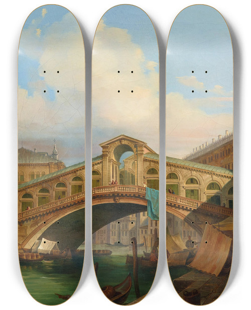 Triptych art skateboard deck of Fausto Antonioli Venice A View Of The Grand Canal With Rialto Bridge by Fausto Antonioli (1814-1882)
