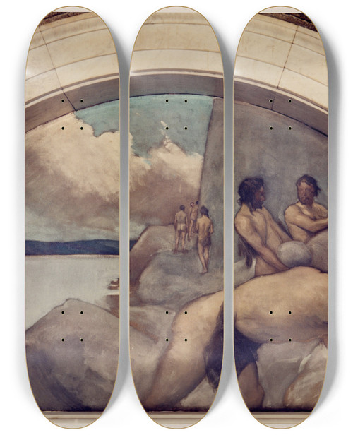 Triptych art skateboard deck of John White Alexander Cairn Mural In Evolution Of The Book Series by John White Alexander (1856-1915)