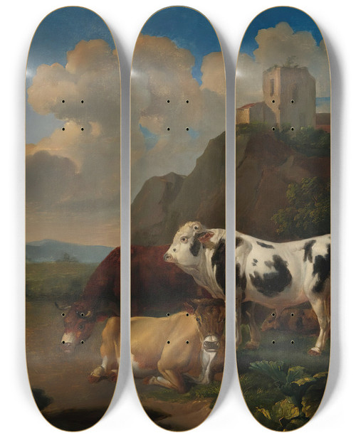Triptych art skateboard deck of Dutch School A Landscape With Cattle And Ruins Beyond by Dutch School