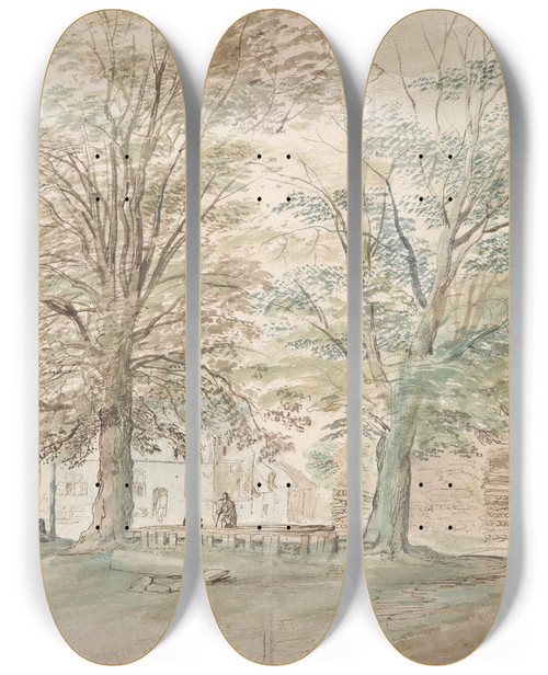 Triptych art skateboard deck of Jan Brueghel The Elder Village Meeting Place Under Two Oldtrees by Jan Brueghel The Elder (1568-1625)
