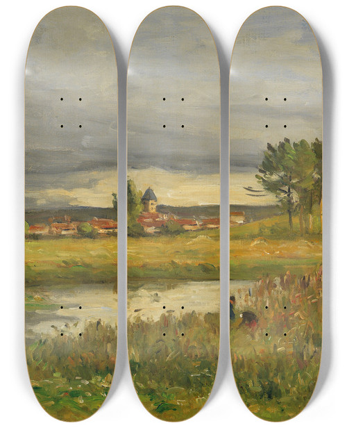 Triptych art skateboard deck of Antoine Guillemet Landscape With Village And River by Antoine Guillemet (1843-1918)