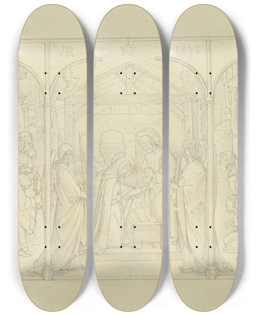 Triptych art skateboard deck of Alfred Rethel Die Geburt Christi Mit Einer Anbetung Der Hirten Sowie Der Heiligen Drei Knige by Alfred Rethel (1816-1859)