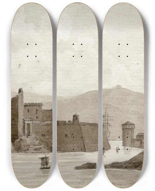 Triptych art skateboard deck of Otto Howen Een Havenplaats In Spanje Port De Passage_1 by Otto Howen (1774-1848)