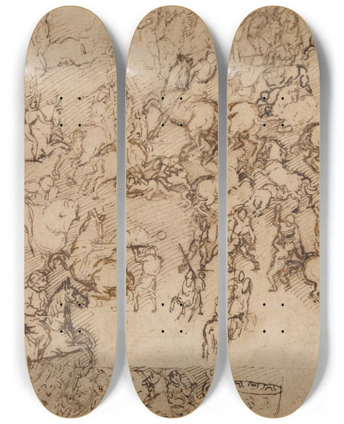 Triptych art skateboard deck of Girolamo Genga Battle Scene_1 by Girolamo Genga (1476-1551)