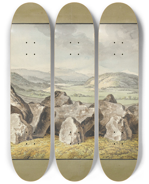 Triptych art skateboard deck of Johann Heinrich Wilhelm Tischbein A Prehistoric Stone Circle On A Mound An Extensive Landscape Beyond_2 by Johann Heinrich Wilhelm Tischbein (1751-1829)