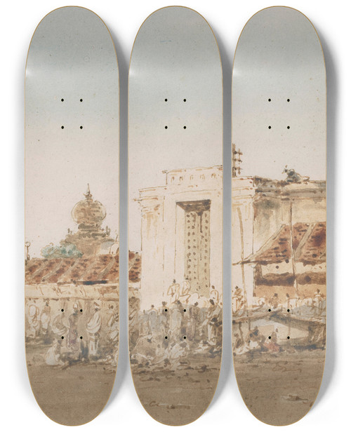 Triptych art skateboard deck of George Chinnery The Entrance To The Honourable East India Companys Pagoda Madras by George Chinnery (1774-1852)