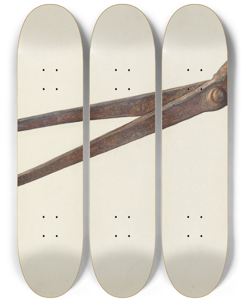 Triptych art skateboard deck of Herman O Stroh Pipe Wrench by Herman O Stroh
