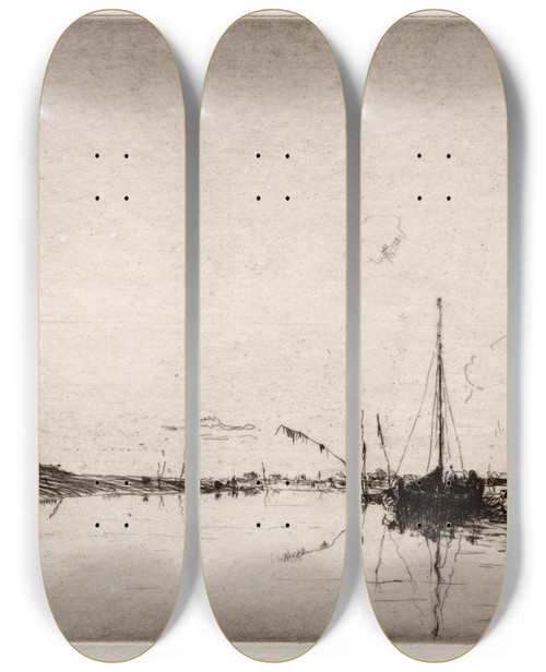 Triptych art skateboard deck of Arthur John Trevor Briscoe Oyster Grounds by Arthur John Trevor Briscoe (1873-1943)
