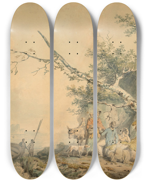 Triptych art skateboard deck of Nicholas Pocock The Sailors Departure by Nicholas Pocock (1740-1821)