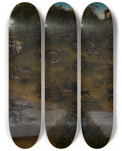 Triptych art skateboard deck of Lucas Cranach The Elder The Stag Hunt Of The Elector Frederic The Wise 14631525 Of Saxony by Lucas Cranach The Elder (1472-1553)