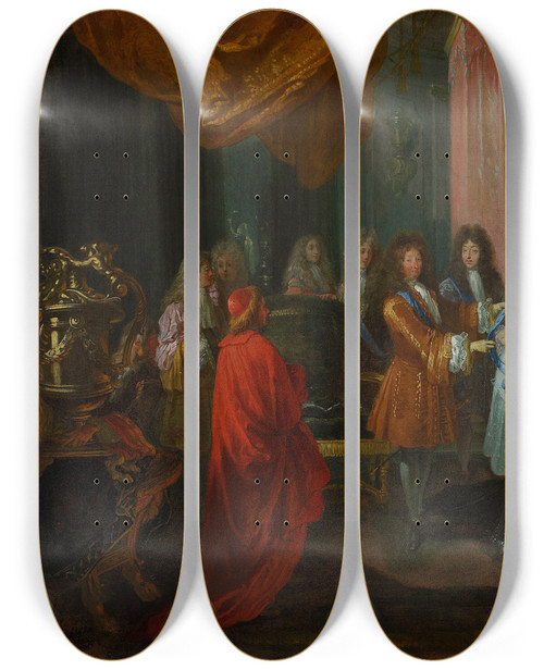 Triptych art skateboard deck of Jeanantoine Watteau Louis Xiv Awards The Cordon Bleu Order To The Duke Of Burgundy Father Of Louis Xv by Jean-Antoine Watteau (1684-1721)