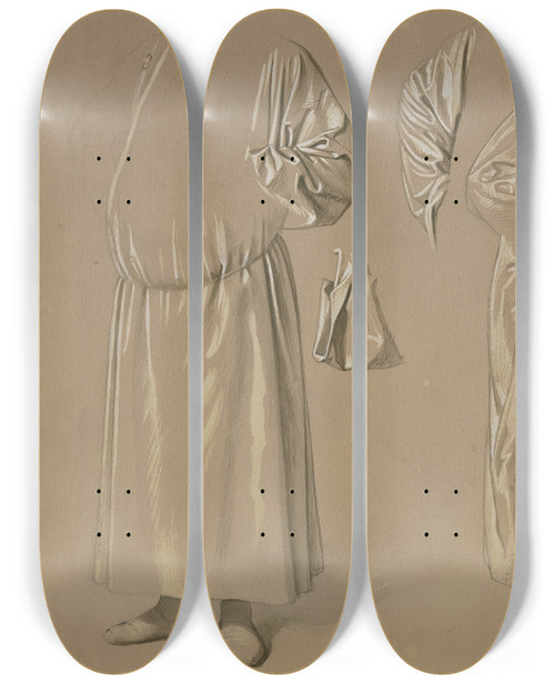 Triptych art skateboard deck of Josef Ferdinand Becker Studienblatt Mnnliche Gewandfigur by Josef Ferdinand Becker (1846-1877)