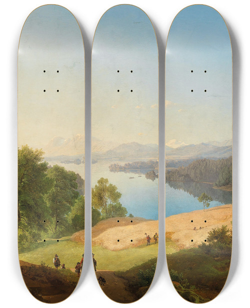 Triptych art skateboard deck of Maximilian Haushofer A Scene On Lake Starnberg In The Background Starnberg Castle And Rose Island by Maximilian Haushofer (1811-1866)