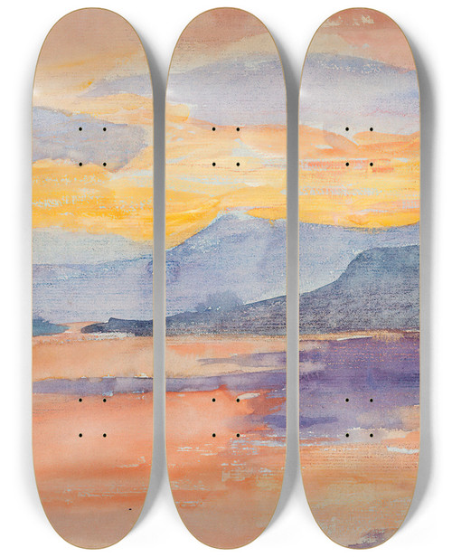 Triptych art skateboard deck of Maria Wiik Mountain Landscape In The Evening Sky by Maria Wiik (1853-1928)