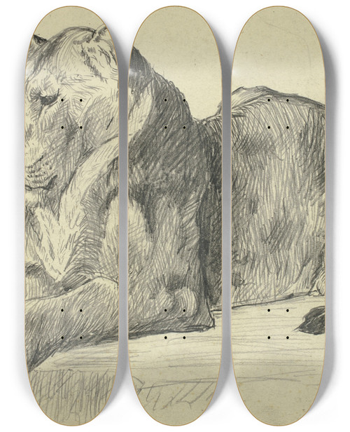 Triptych art skateboard deck of Sir Edwin Henry Landseer Lioness by Sir Edwin Henry Landseer (1802-1873)