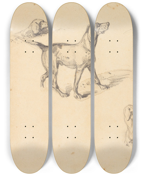 Triptych art skateboard deck of Richard Parkes Bonington Five Studies Of A French Pointer by Richard Parkes Bonington (1802-1828)