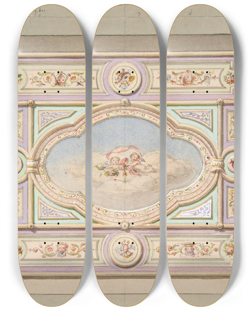 Triptych art skateboard deck of Julesedmondcharles Lachaise Design For A Ceiling With Putti by Jules-Edmond-Charles Lachaise (1897)