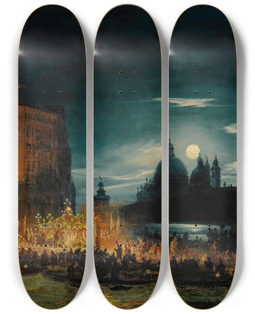 Triptych art skateboard deck of Giovanni Grubacs Nocturnalvenetian Scene On The Feast Of The Redentore_2 by Giovanni Grubacs (1829-1919)