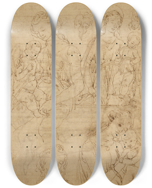 Triptych art skateboard deck of Desiderio Da Settignano Studies Of The Virgin And Child by Desiderio Da Settignano (1429-1464)