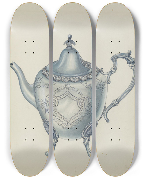 Triptych art skateboard deck of Harry Mann Waddell Silver Teapot by Harry Mann Waddell (1876-1956)