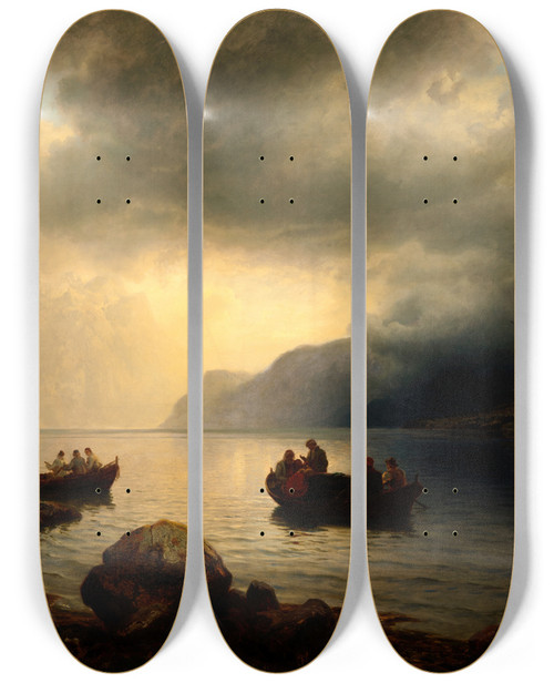 Triptych art skateboard deck of Hans Gude Funeral Procession On The Sogne Fjord by Hans Gude (1825-1903)