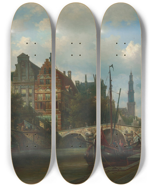 Triptych art skateboard deck of Elias Pieter Van Bommel View From The Nieuwengracht In Amsterdam by Elias Pieter Van Bommel (1819-1890)