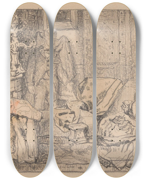 Triptych art skateboard deck of Henri De Braekeleer The Indian Scarf_3 by Henri de Braekeleer (1840-1888)