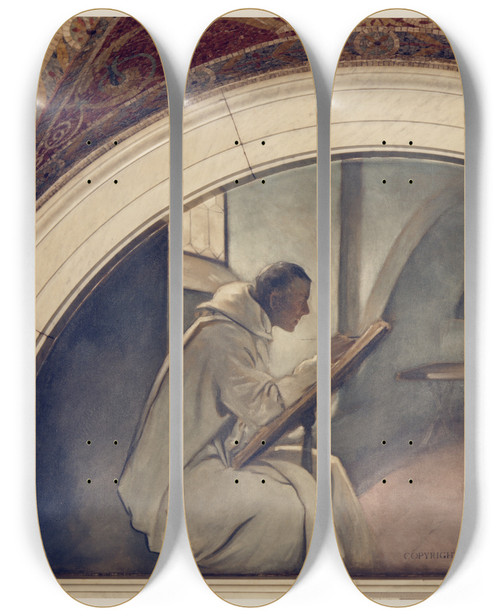 Triptych art skateboard deck of John White Alexander Manuscript Book Mural In Evolution Of The Book Series by John White Alexander (1856-1915)