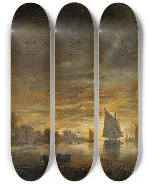 Triptych art skateboard deck of Aert Van Der Neer River Landscape With Ships At Moonrise by Aert van der Neer (1603-1677)