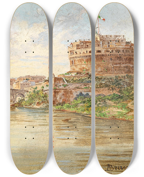 Triptych art skateboard deck of Antonietta Brandeis A View Of Rome With Castel Santangelo Ponte Santangelo And St Peters Basilica In The Background by Antonietta Brandeis (1848-1926)