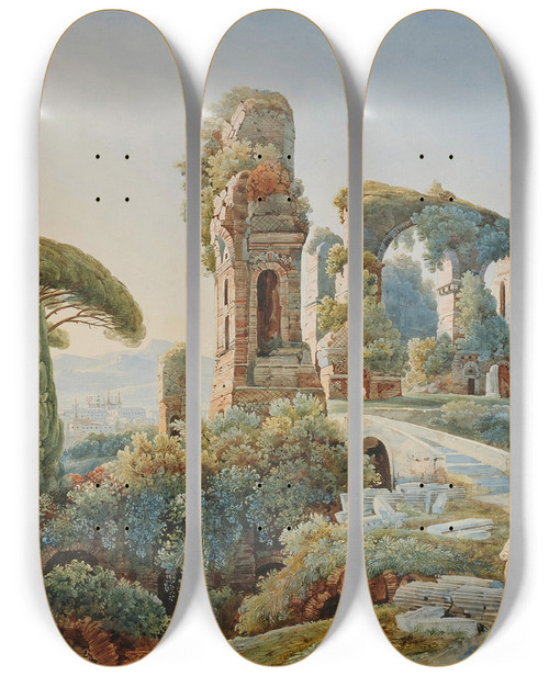 Triptych art skateboard deck of Johann Jakob Wolfensberger Vue Du Forum Romain Avec Le Colise Larrireplan by Johann Jakob Wolfensberger (1797-1850)