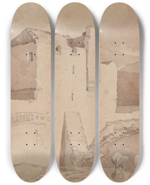 Triptych art skateboard deck of John Sell Cotman An Old Building by John Sell Cotman (1782-1842)