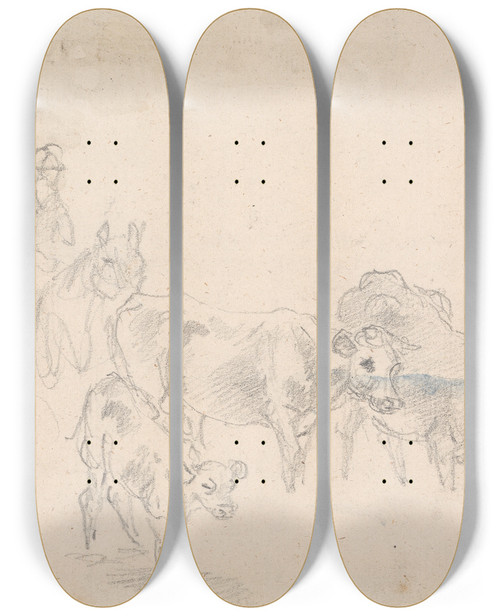 Triptych art skateboard deck of Sawrey Gilpin Study Of Cattle With A Calf In Foreground by Sawrey Gilpin (1733-1807)