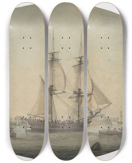 Triptych art skateboard deck of Samuel Atkins A Trading Brig Preparing To Set Sail On The Thames Warships Running Down The Estuary Beyond by Samuel Atkins (1760-1810)