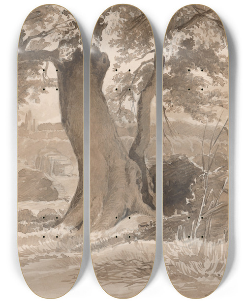 Triptych art skateboard deck of Friedrich Carl Von Scheidlin Landscape With A Spreading Tree In The Foreground by Friedrich Carl Von Scheidlin (1822-1913)