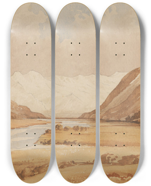 Triptych art skateboard deck of William Marshall Cooper View Up Waimakariri From Bealey Township Mt Davie In Distance by William Marshall Cooper (1833-1921)