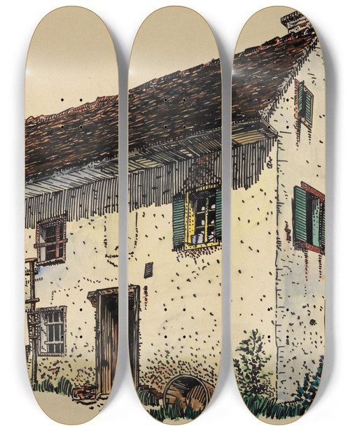 Triptych art skateboard deck of Karl Wiener Ohne Titel Bauernhaus_3 by Karl Wiener (1901-1949)