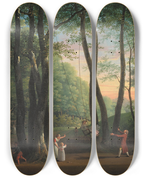 Triptych art skateboard deck of Jens Juel The Dancing Glade At Sorgenfri North Of Copenhagen by Jens Juel (1745-1802)