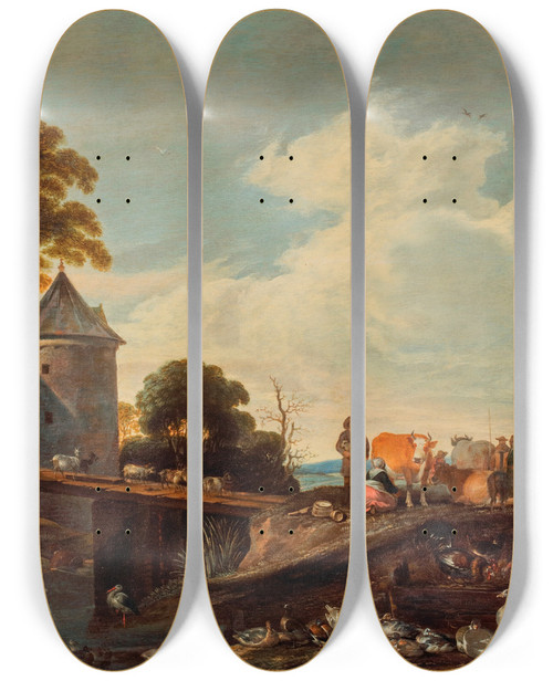 Triptych art skateboard deck of Cornelis Saftleven A Cattle Market On The Outskirts Of A Walled Town With Figures And Animals Crossing A Bridge by Cornelis Saftleven (1607-1681)