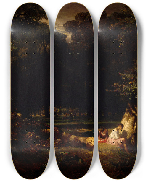 Triptych art skateboard deck of Constant Troyon The Bathers Clearing In The Forest by Constant Troyon (1810-1865)