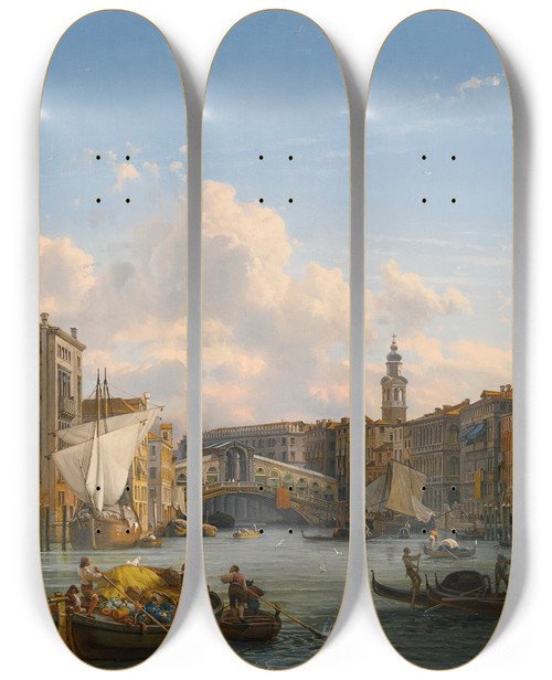 Triptych art skateboard deck of Friedrich Von Nerly A View Of The Grand Canal Looking Towards The Rialto Bridge Venice by Friedrich Von Nerly (1807-1878)