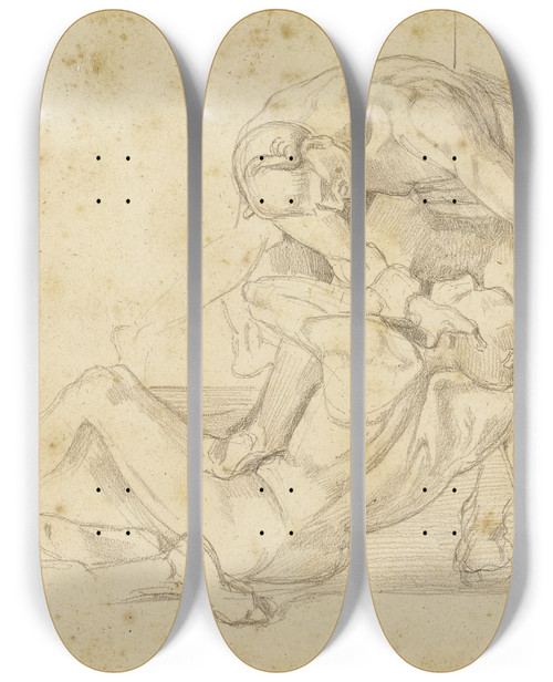 Triptych art skateboard deck of Lon Bonnat Deux Hommes Nus Luttant Copie Dun Fragment De Fresque Par Luca Signorelli by Leon Bonnat (1833-1922)