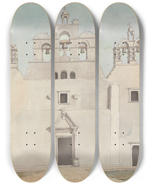 Triptych art skateboard deck of Willey Reveley Place Of Worship With Three Bell Towers With Crosses by Willey Reveley (1760-1799)