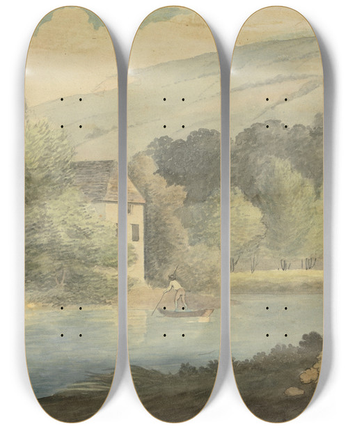 Triptych art skateboard deck of Edward Francis Burney The Boatman by Edward Francis Burney (1760-1848)